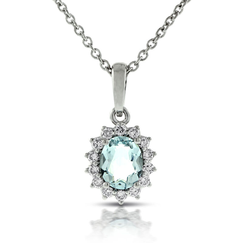 Aquamarine & Diamond Halo Pendant 14K