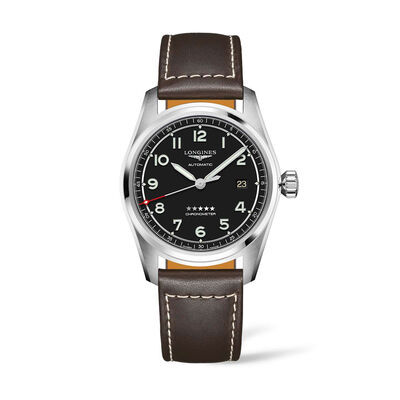 Longines Spirit Chronometer Watch Black Dial Brown Leather Strap, 40mm