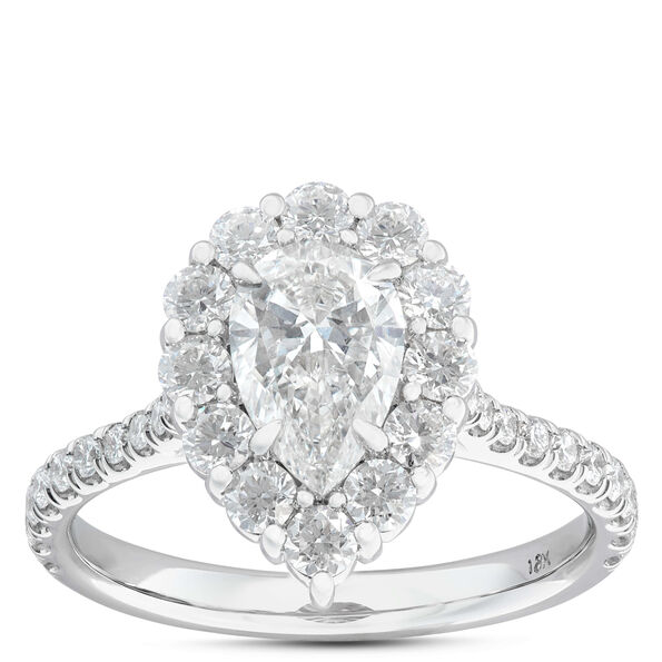 Pear Shape Diamond Halo Engagement Ring, 18K White Gold