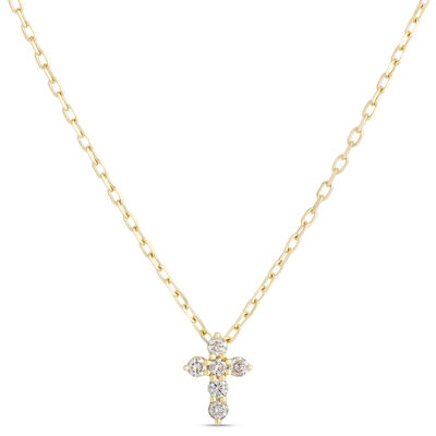 Classic Diamond Mini Cross Necklace, 0.12 Carat Total Weight, 14K Yellow Gold