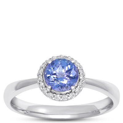 Round Tanzanite and Diamond Ring, ⅕ Total Carat Weight, 14K White Gold