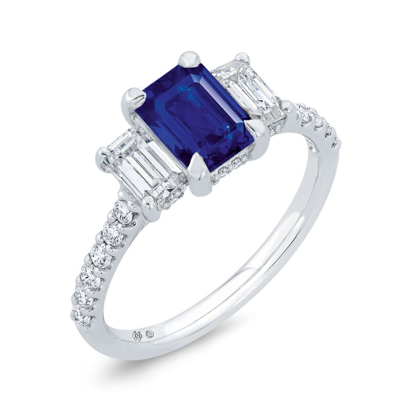 Bella Ponte 3-Stone Emerald Cut Sapphire and Diamond Engagement Ring, 14K White Gold image number 2