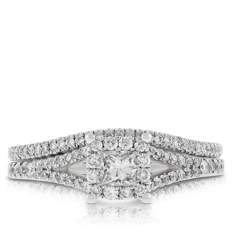 Princess Cut Halo Diamond Bridal Set 14K image number 1
