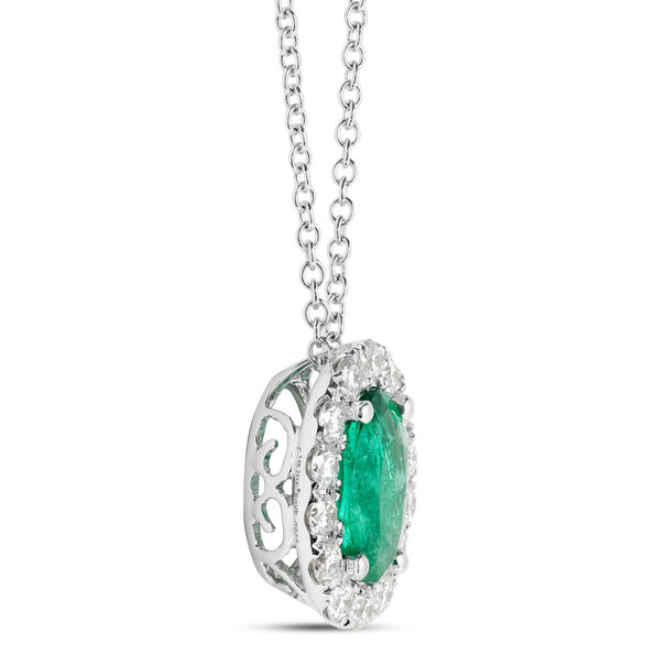 Oval Cut Emerald and Diamond Halo Pendant Necklace, 14K White Gold
