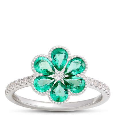 Flower Shaped Emerald Ring, 14K White Gold