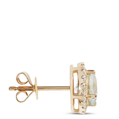 Round Cut Aquamarine and Diamond Halo Stud Earrings, 14K Yellow Gold