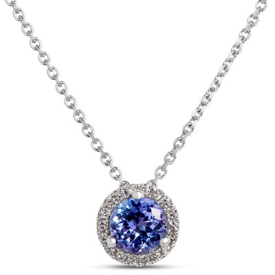 Round Tanzanite Pendant with Diamond Halo, 14K White Gold