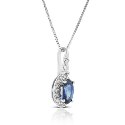 Oval Sapphire & Diamond Halo Necklace 14K