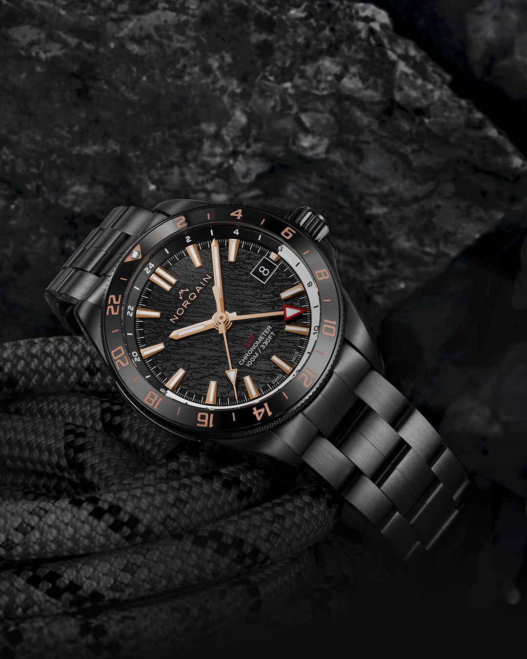 Norqain Neverest GMT GLacier Black Dial DLC Steel Bracelet Watch, 41mm