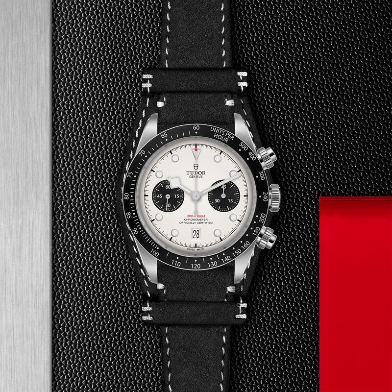 TUDOR Black Bay Chrono Watch Steel Case Opaline Dial Leather Strap  