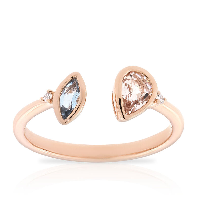 Rose Gold Morganite, Aquamarine & Diamond Open Shank Ring 14K image number 0