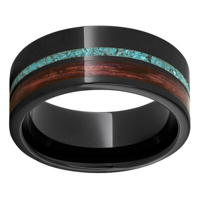 Black Diamond Ceramic™ Pipe Cut Band with Off-Center Cabernet Barrel Aged™ Inlay and Turquoise Inlay