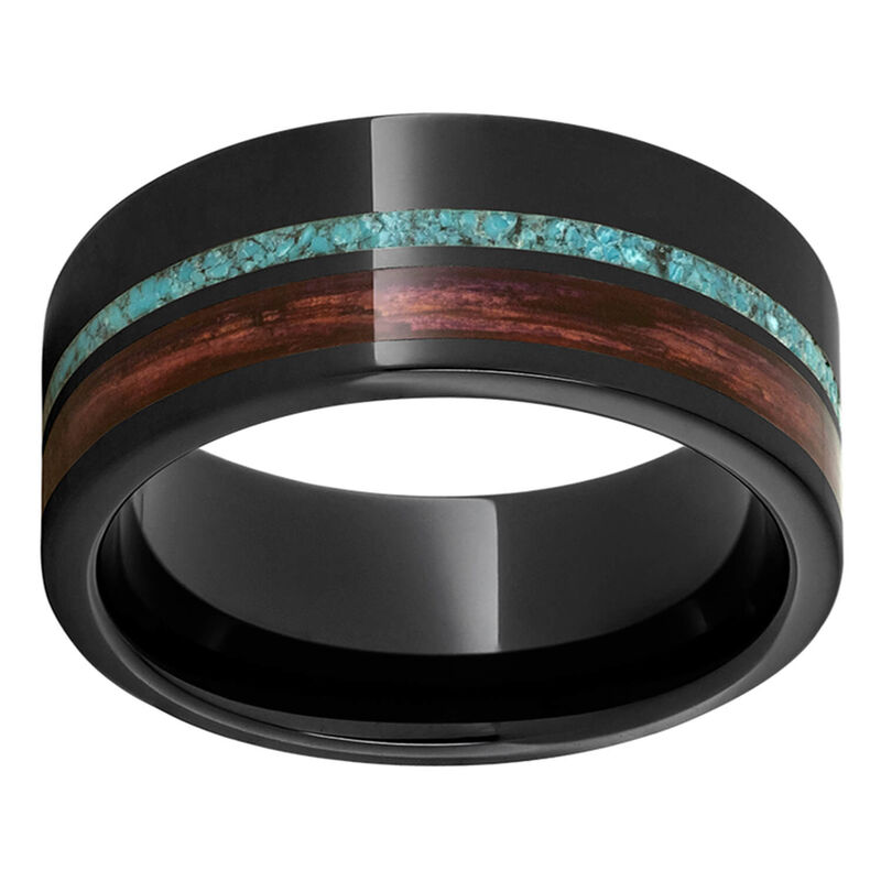 Black Diamond Ceramic™ Pipe Cut Band with Off-Center Cabernet Barrel Aged™ Inlay and Turquoise Inlay image number 1