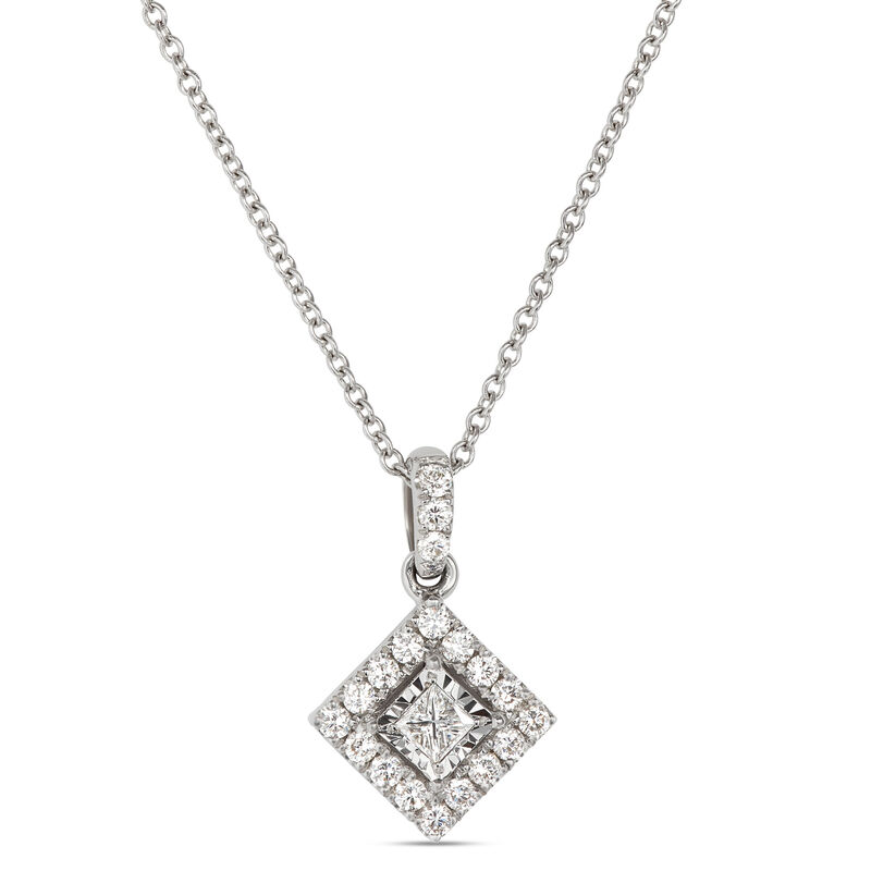 Princess Cut Diamond Halo Necklace 14K image number 0