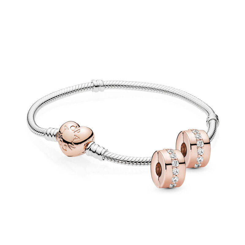 Pandora Iconic Rose Gold Heart Clasp Bracelet & CZ Clips Gift Set with Free Charm image number 0