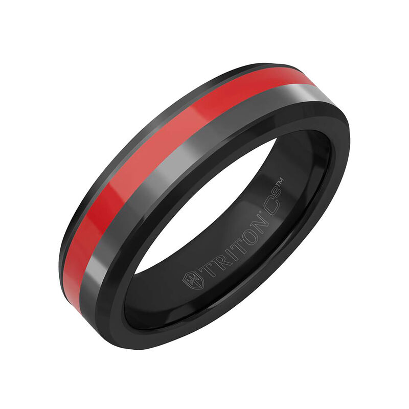 TRITON Red Ceramic Channel and Bevel Edge Band in Grey Tungsten Carbide, 6MM image number 0