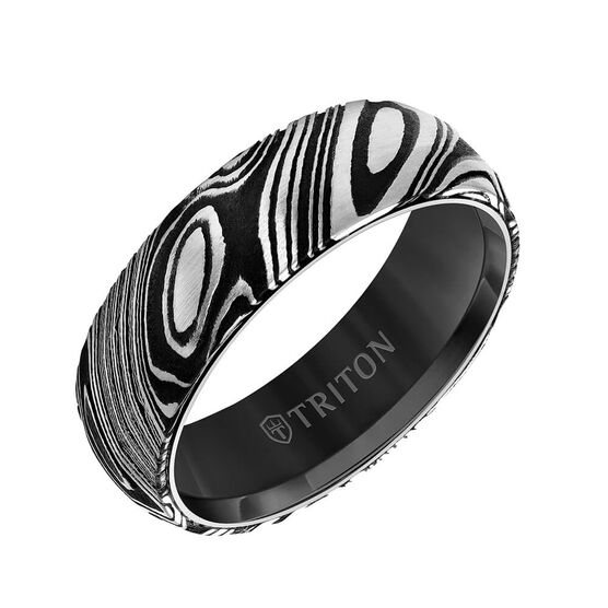 TRITON Contemporary Comfort Fit Band in Black Tungsten & Damascus Steel, 7 mm