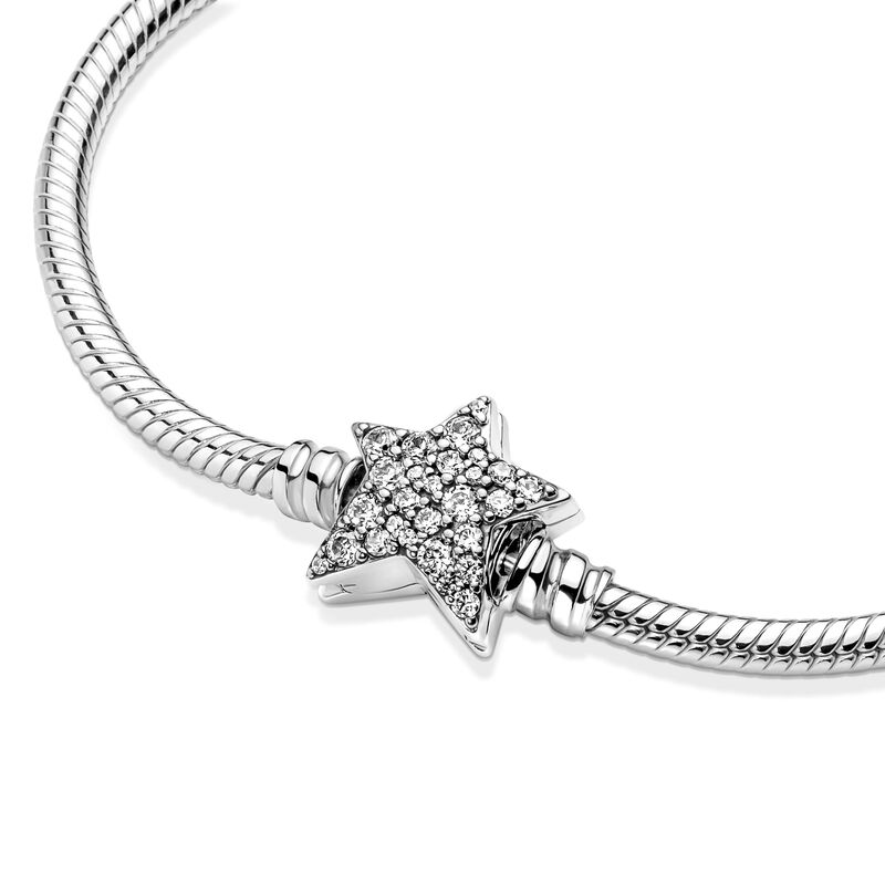 Pandora Moments Asymmetric Star Clasp Snake Chain CZ Bracelet image number 1