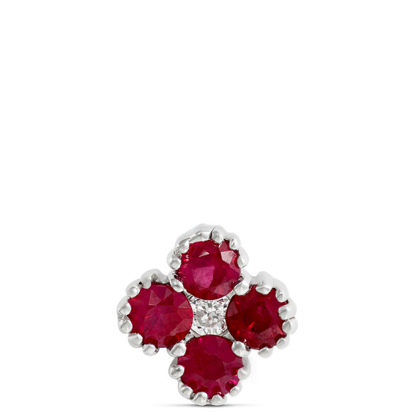 Floral Shape Ruby and Diamond Studs, 14K White Gold
