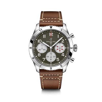 Breitling Classic AVI Chronograph Curtiss Warhawk Watch Green Dial Brown Leather Strap, 42mm