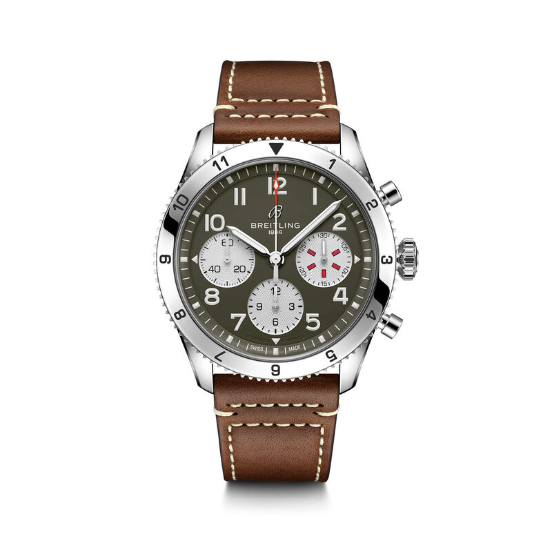 Breitling Classic AVI Chronograph Curtiss Warhawk Watch Green Dial Brown Leather Strap, 42mm image number 0