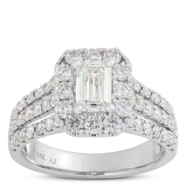 Three-Row Emerald Cut Diamond Engagement Ring, 14K White Gold