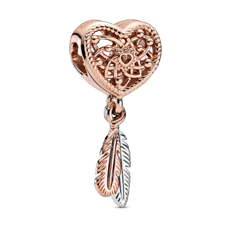 Pandora Openwork Heart & Two Feathers Dreamcatcher Charm image number 1