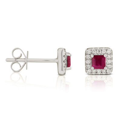 Square Ruby & Diamond Stud Earrings 14K