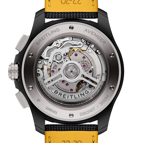 Breitling Avenger B01 Chronograph Night Mission Watch Yellow Dial Black Leather Strap, 44mm