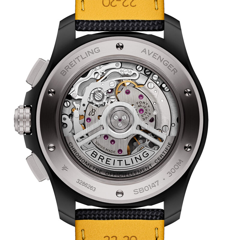 Breitling Avenger B01 Chronograph Night Mission Watch Yellow Dial Black Leather Strap, 44mm image number 2
