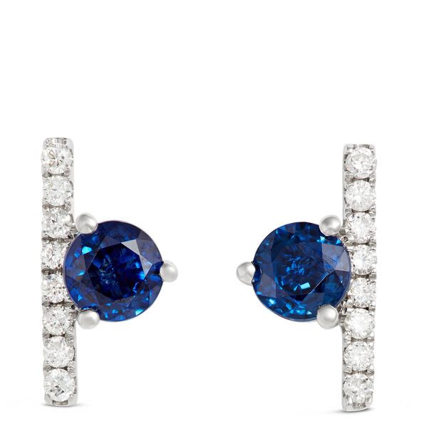Round Sapphire and Diamond Bar Earrings, 14K White Gold