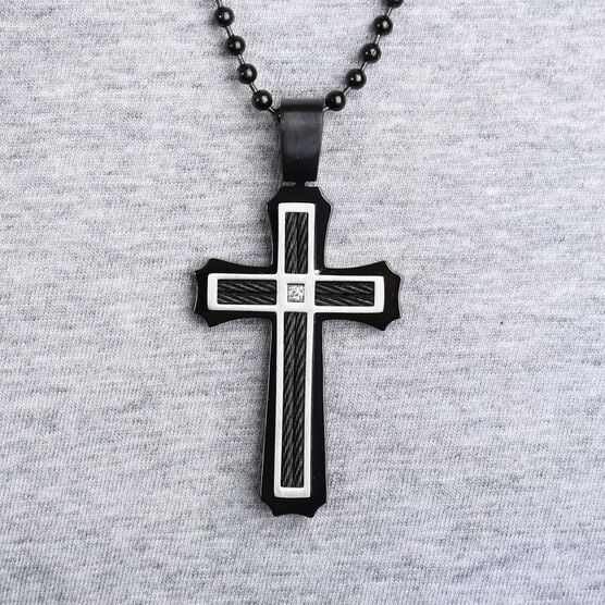 Men's Black Cross with Diamond Necklace in Sterling Silver | Ben Bridge