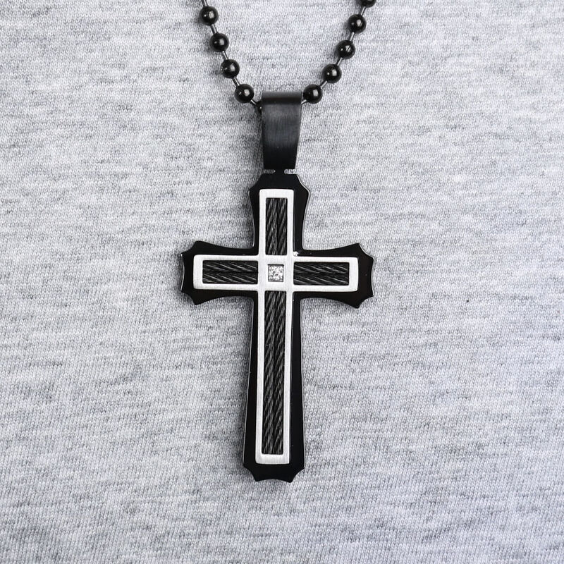 Men's Black Cross with Diamond Necklace in Sterling Silver image number 3
