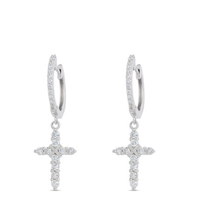Diamond Cross Dangle Earrings, 14K White Gold