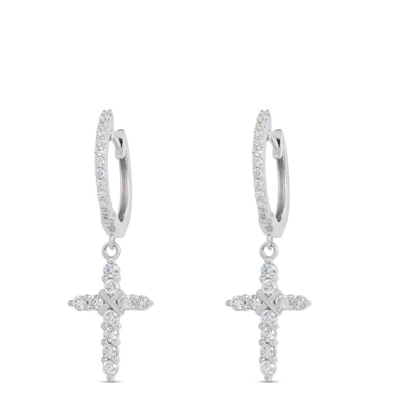Diamond Cross Dangle Earrings, 14K White Gold image number 0