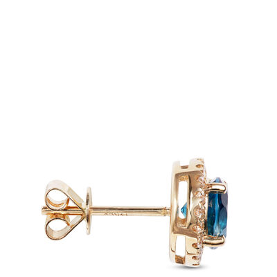 Round Cut London Blue Topaz and Diamond Halo Earrings, 14K Yellow Gold