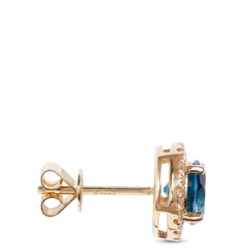 Round Cut London Blue Topaz and Diamond Halo Earrings, 14K Yellow Gold image number 2
