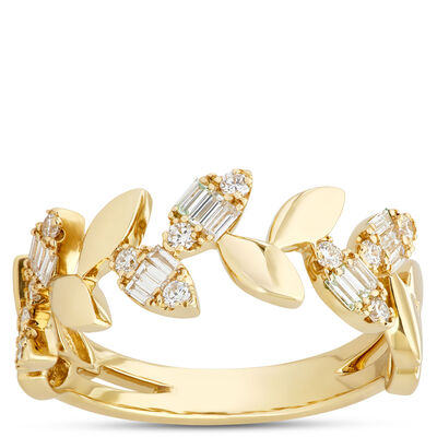 Floral Band with Round and Baguette Diamonds, ⅓ Carat Total Weight, 14K Yellow Gold
