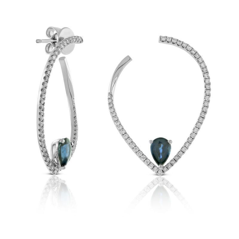 Sapphire & Diamond Pear Front to Back Hoop Earrings 14K image number 0