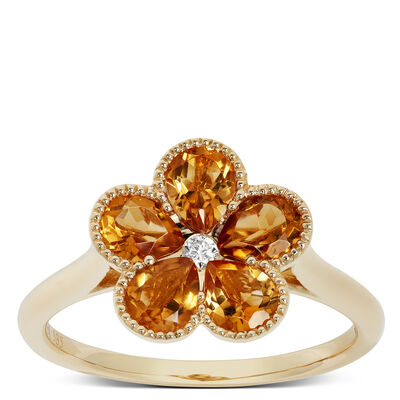 Beaded Citrine and Diamond Flower Band, 14K Yellow Gold