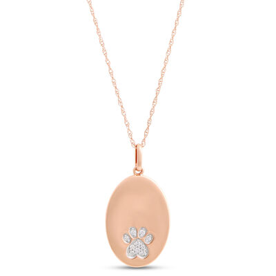 Oval Shaped Paw Pendant with Diamonds, 14K Yellow Gold