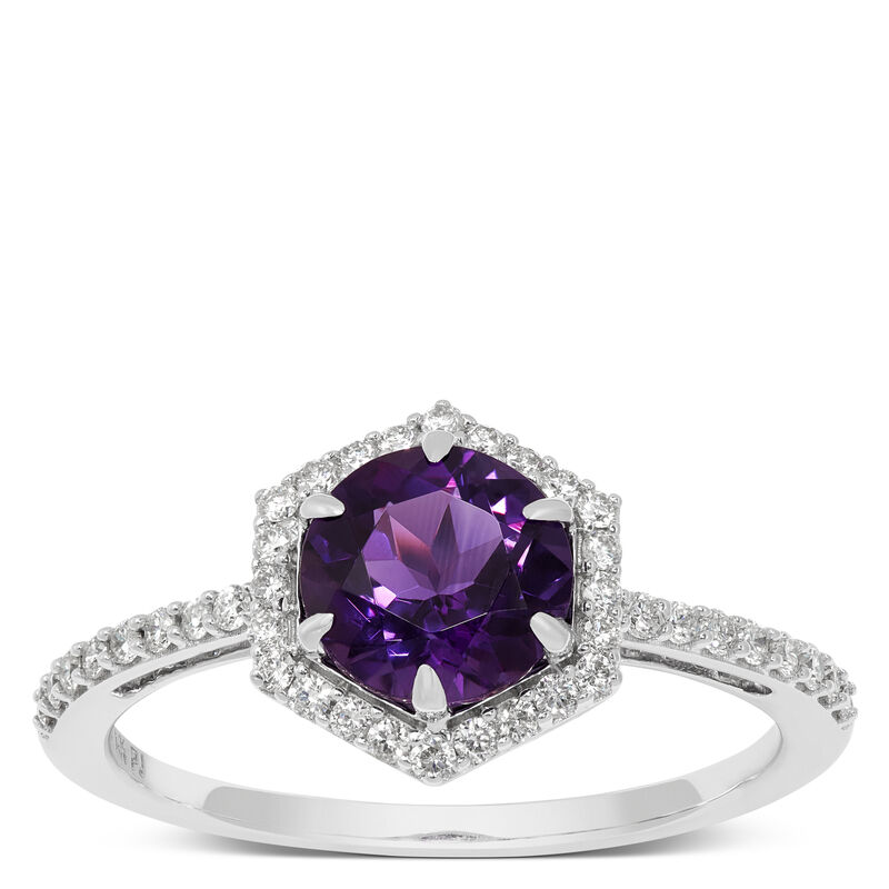 Round Amethyst and Diamond Ring, 14K White Gold image number 0