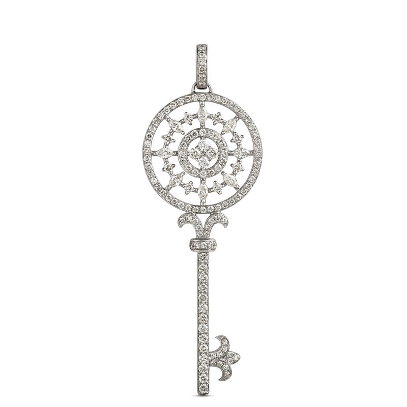 Key Shaped Pendant with Round Diamonds, 1 &frac12; Carat Total Weight, 14K White Gold image number 0