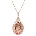 Rose Gold Oval Morganite & Diamond Halo Teardrop Necklace 14K