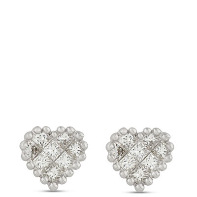 Classic Heart Shaped Diamond Cluster Earrings, ⅞ Carat Total Weight, 14K White Gold