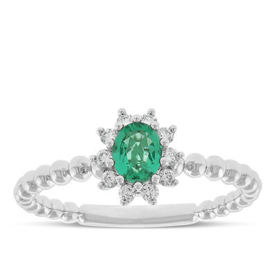 Oval Emerald & Diamond Halo Ring 14K