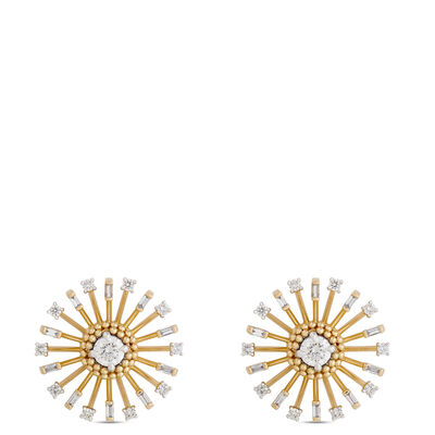 Sunlight Earrings with Round and Baguette Diamonds, 1 Carat Total Weight, 18K Yellow Gold