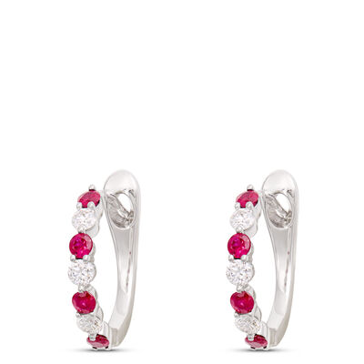 Round Ruby and Diamond Hoop Earrings in 14K White Gold