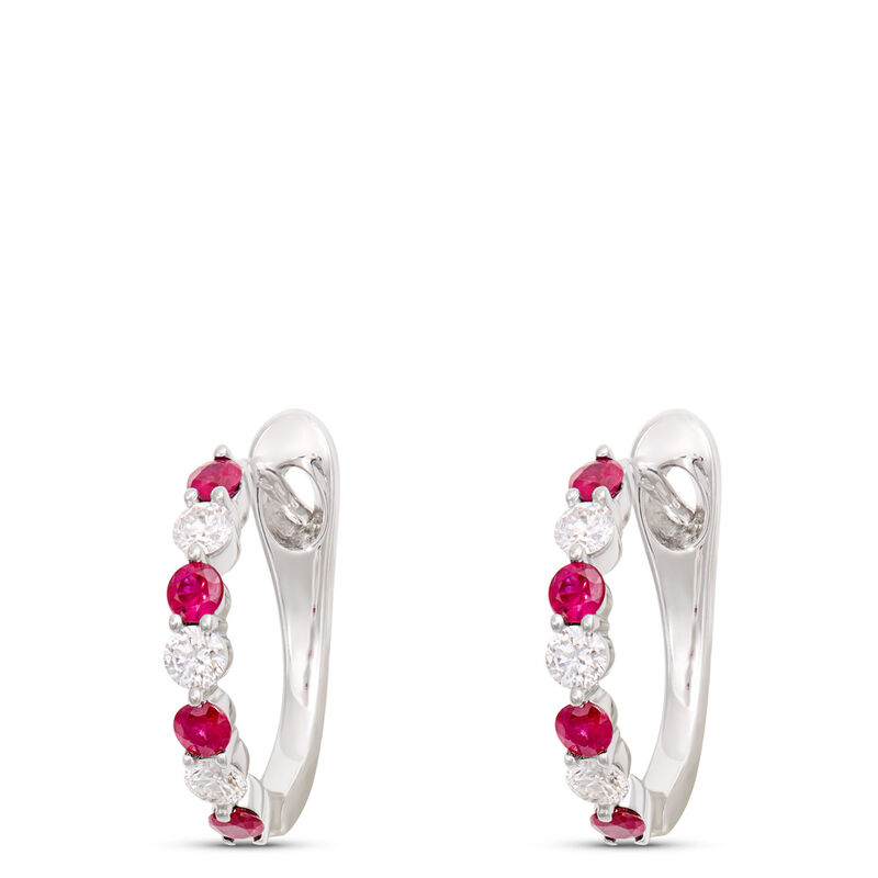 14MM Round Ruby and Diamond Hoop Earrings in 14K White Gold image number 0