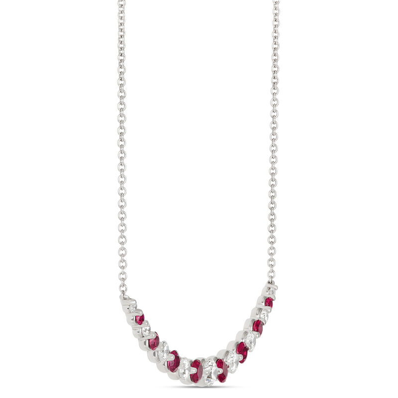 Round Ruby and Diamond Cluster Necklace, 18K White Gold image number 1